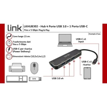 HUB USB-C ® CON 4 PORTE USB E PORTA USB-C FEMMINA PD PER RICARICA DISPOSITIVI