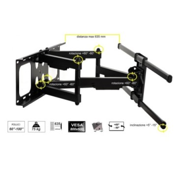 STAFFA A MURO PER MONITOR TV 60-100" FINO A 75 KG ESTENSIONE FINO A 635 MM CON MOVIMENTO ORIZZONTALE E VERTICALE